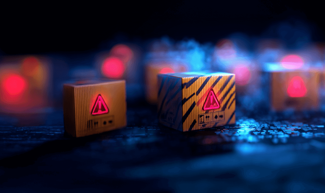 A stylized graphic of multiple containers with alert warnings on them
