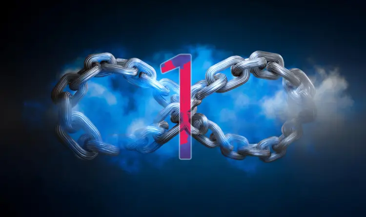 A stylized graphic of an infinity symbol made up of chains surrounded by dark clouds and a superimposed 1 on top