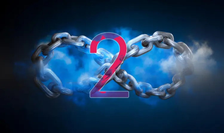 A stylized graphic of an infinity symbol made up of chains surrounded by dark clouds and a superimposed 2 on top