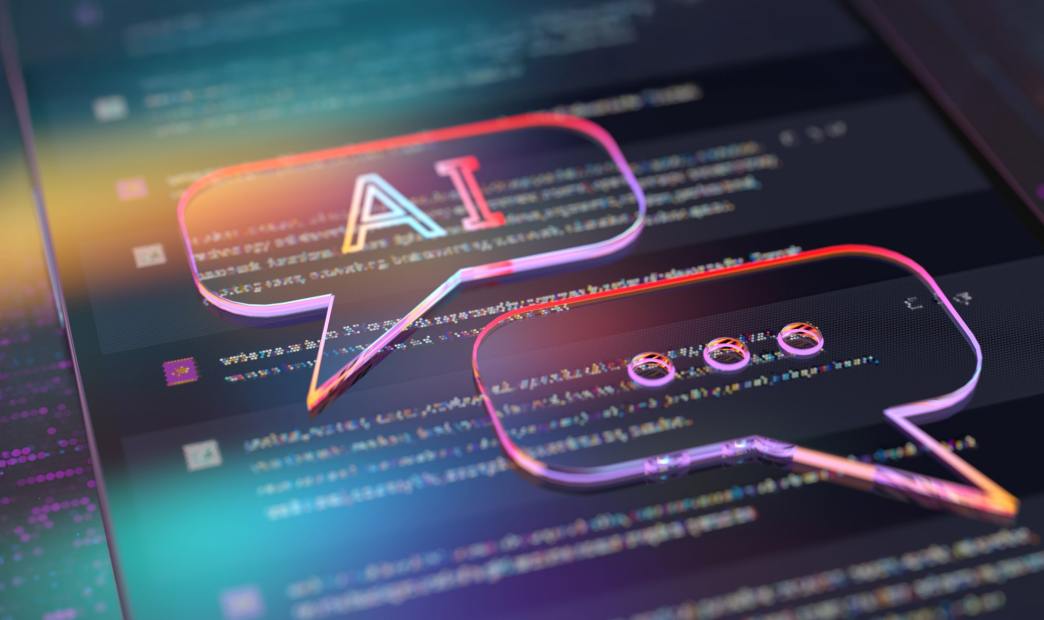A stylized graphic of an AI chat bubble on top of a colorful interface