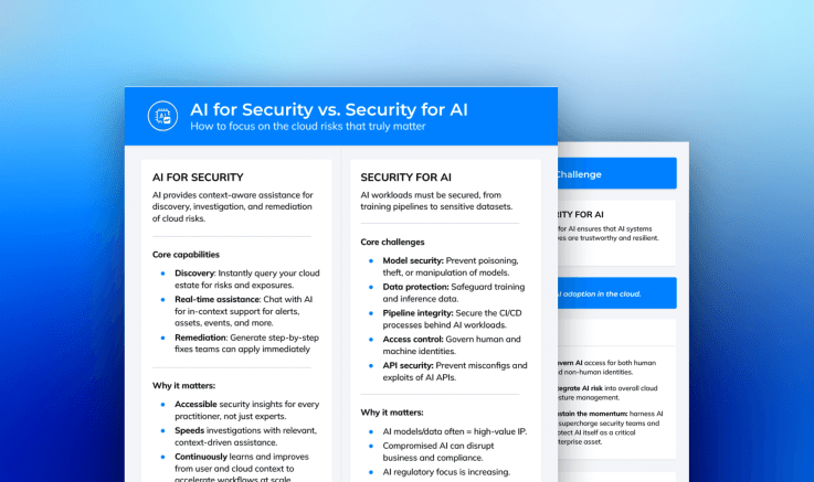 A screenshot of the cheat sheet document outlining AI for Security vs Security for AI by Orca Security