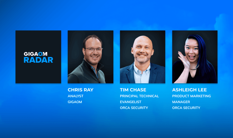 A photo of Chris Ray, Field CTO, GigaOm; Tim Chase, Principal Technical Evangelist, Orca Security; and Ashleigh Lee, Product Marketing Manager, Orca Security