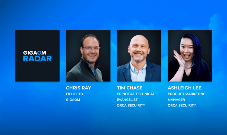 A photo of Chris Ray, Field CTO, GigaOm; Tim Chase, Principal Technical Evangelist, Orca Security; and Ashleigh Lee, Product Marketing Manager, Orca Security