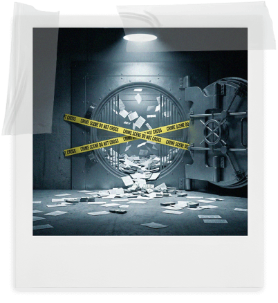 A stylized graphic of a vault being ransacked with "crime scene" caution tap blocking the entrance