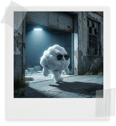 A stylized graphic of a cloud walking into an abandoned warehouse
