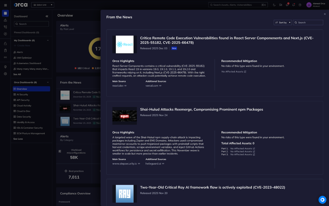 A screenshot of this vulnerability in the "From the News" widget in the Orca platform.