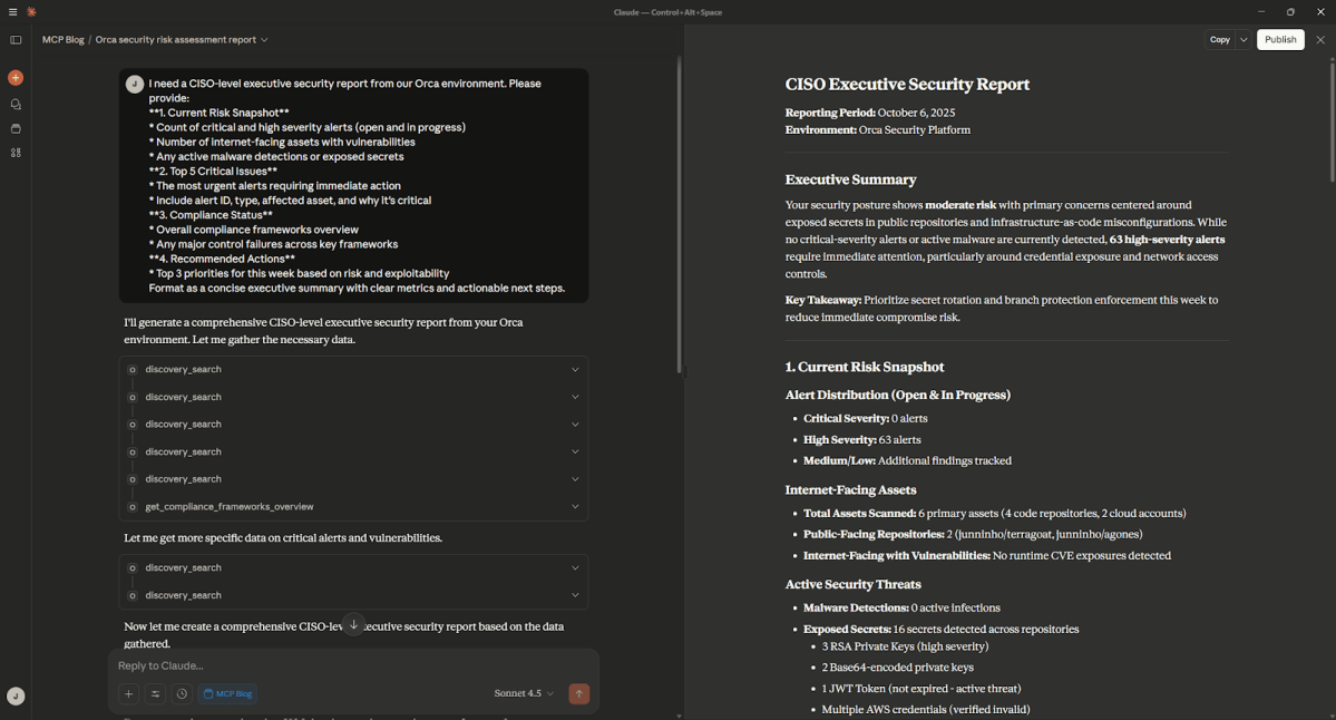 A screenshot of the CISO Executive Readout of Security Posture with Claude and Orca MCP Server