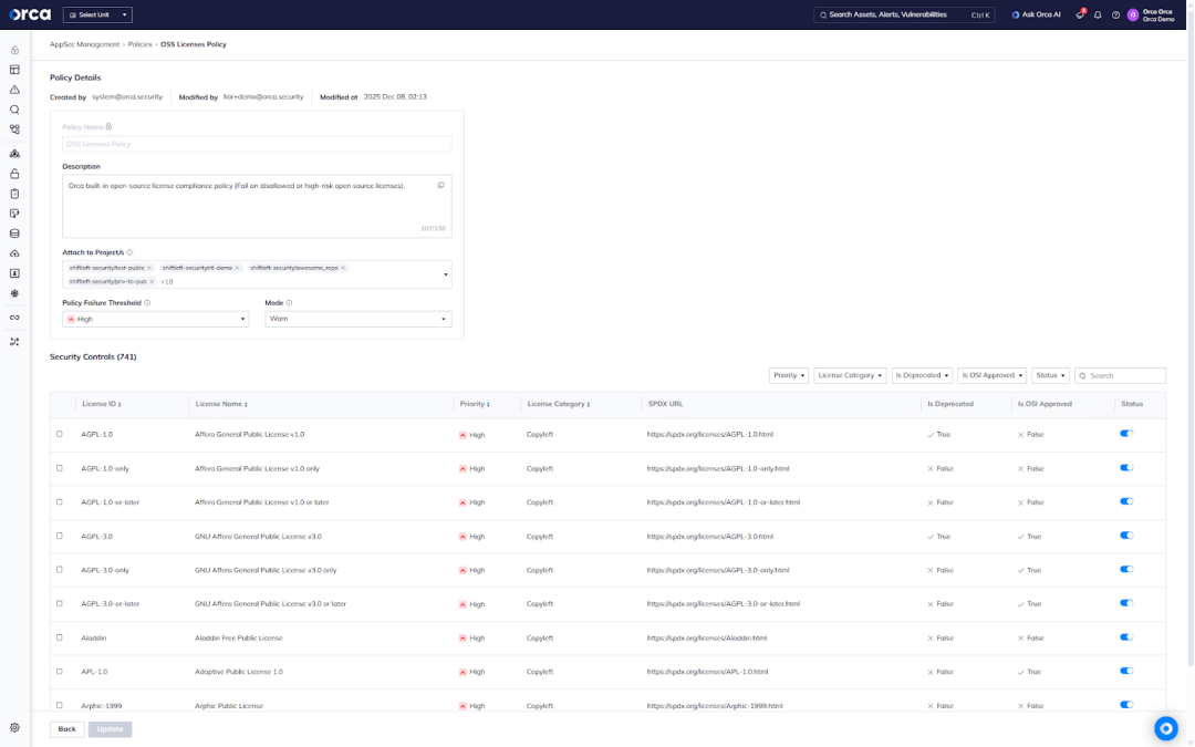 A screenshot of the Orca Platform showing teams how they can enable and customize license policies from our comprehensive library
