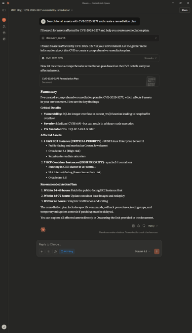 A screenshot of the CVE remediation plan created by Claude by using the Orca MCP Server