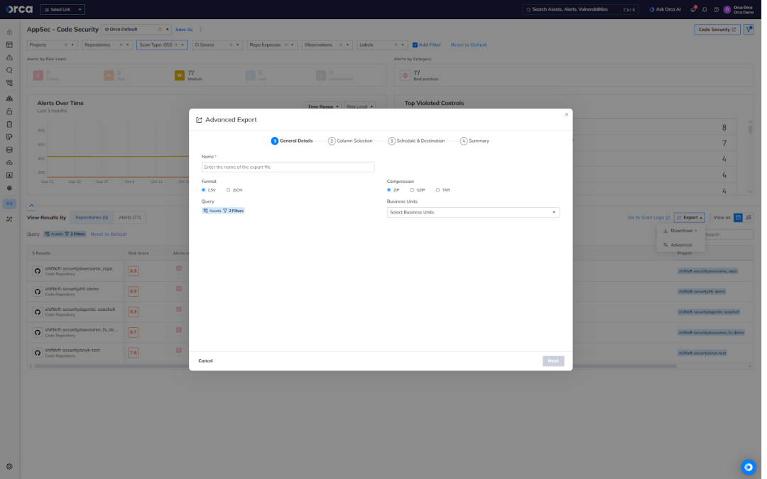 A screenshot of Orca enabling teams to automate and customize their OSS license compliance reporting