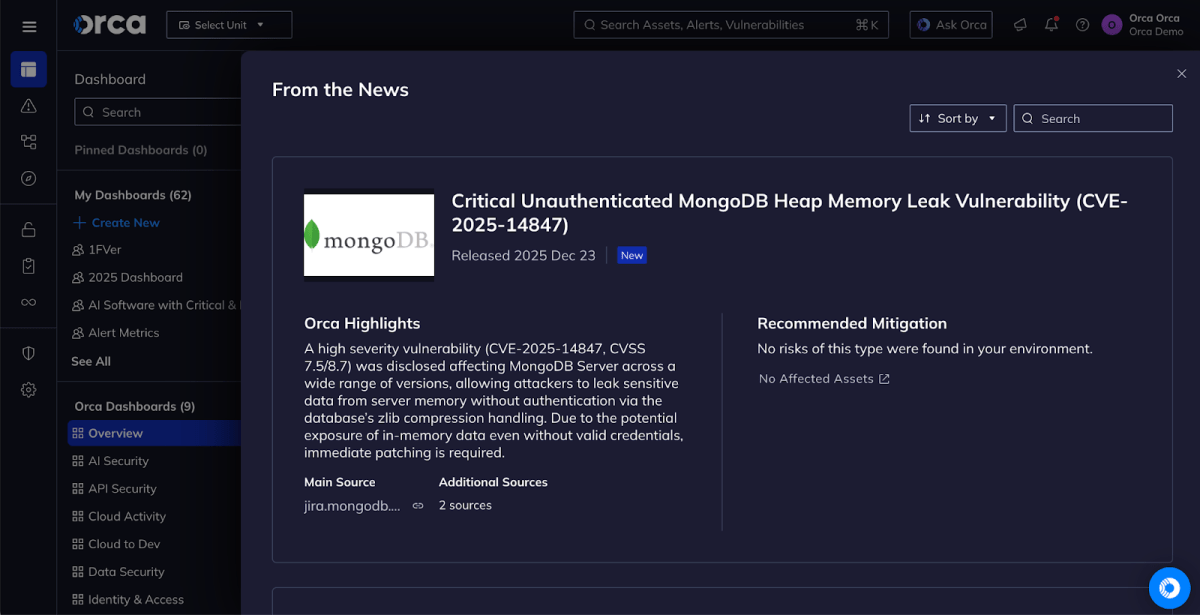 A screenshot of the “From the News” widget in the Orca Platform reporting the MongoDB vulnerability