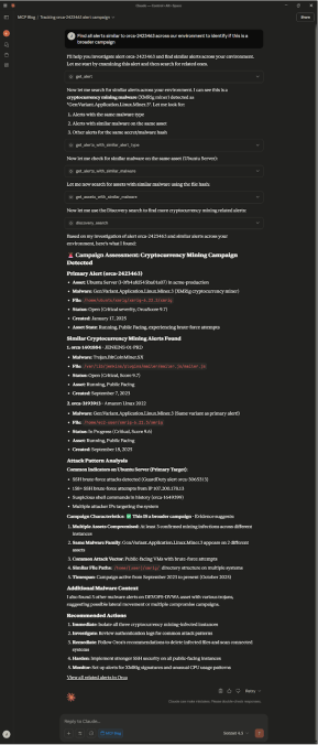 A screenshot of the malware investigation for broader campaign with Claude and the Orca MCP Server