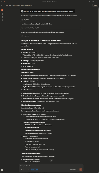 A screenshot of a partial view into blast radius assessment by Claude with the Orca MCP Server