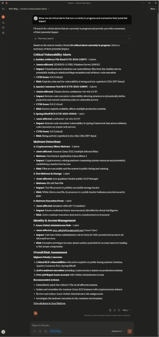 A screenshot of prioritized critical alerts, summaries, and recommended actions from Claude and the Orca MCP Server