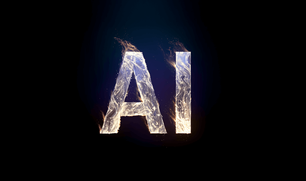 A stylized graphic of the letters "AI" in flames on a black background
