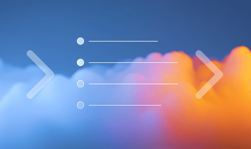 A stylized graphic of a colorful cloud background with a list icon surrounded by two forward arrows