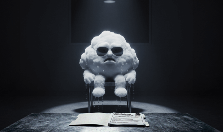 A photo of a sweating 3D cloud with sunglasses in a dark room with a spotlight
