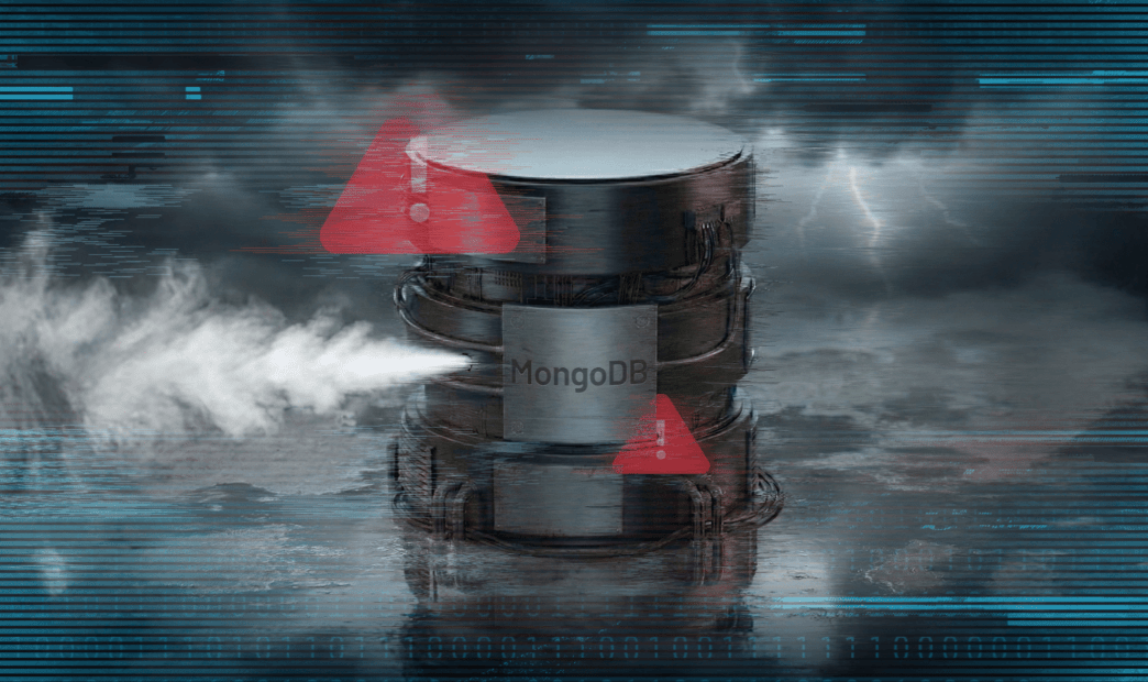 A stylized graphic of a database with "MongoDB" on it leaking steam