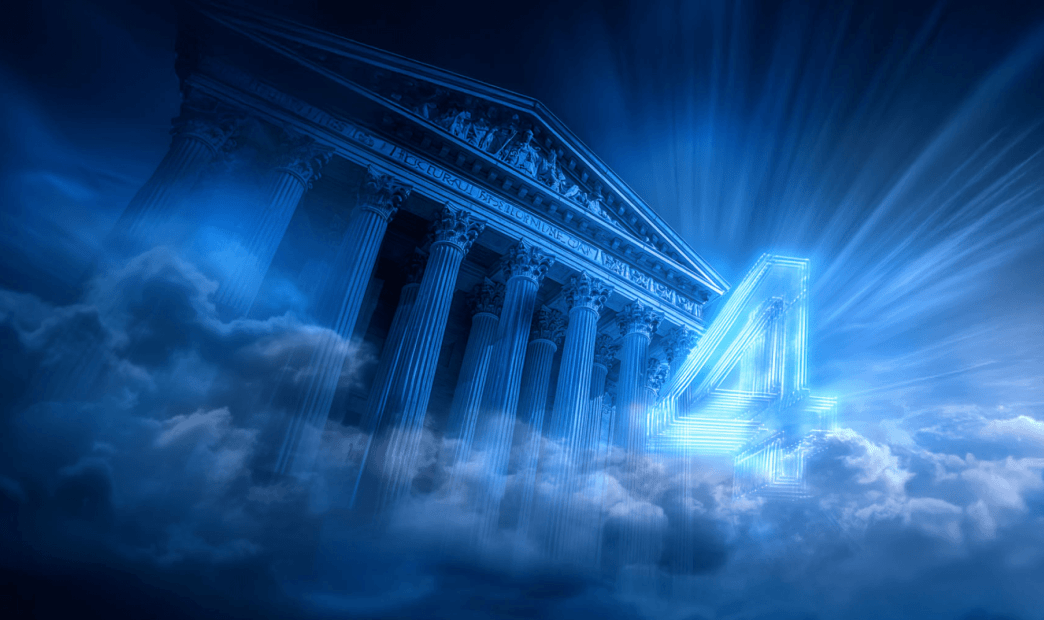 A stylized of photo of the White House surrounded by dark clouds with the number 4 next to it