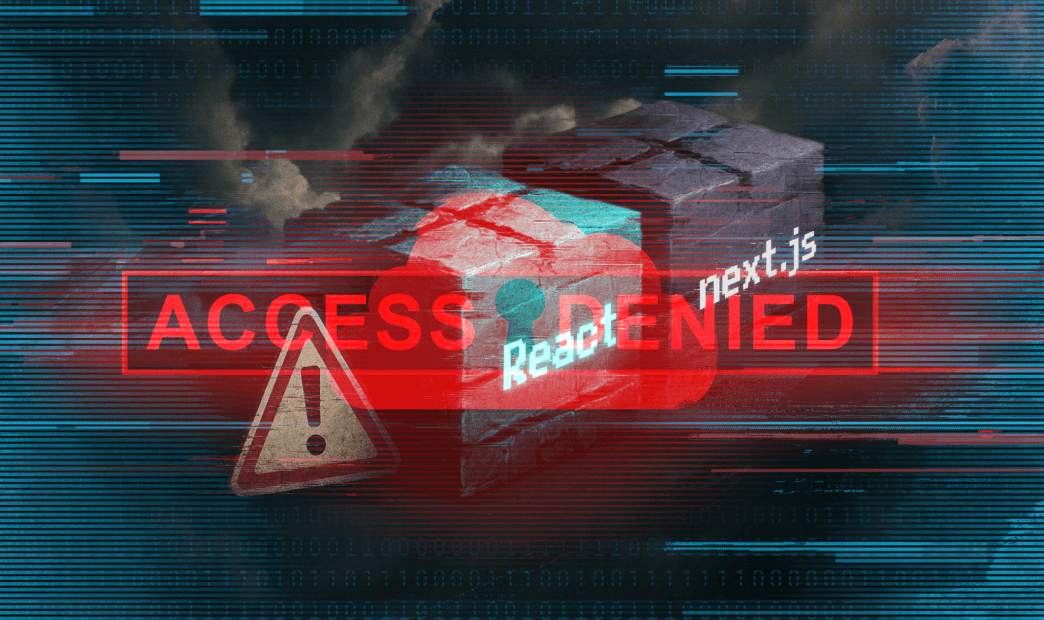 A stylized graphic of a container labeled as "react" and "next.js" with "Access Denied" overlayed on top