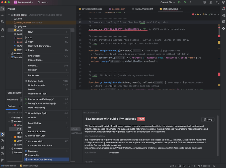 A screenshot of the on-demand scanning available through Orca’s IntelliJ Extension