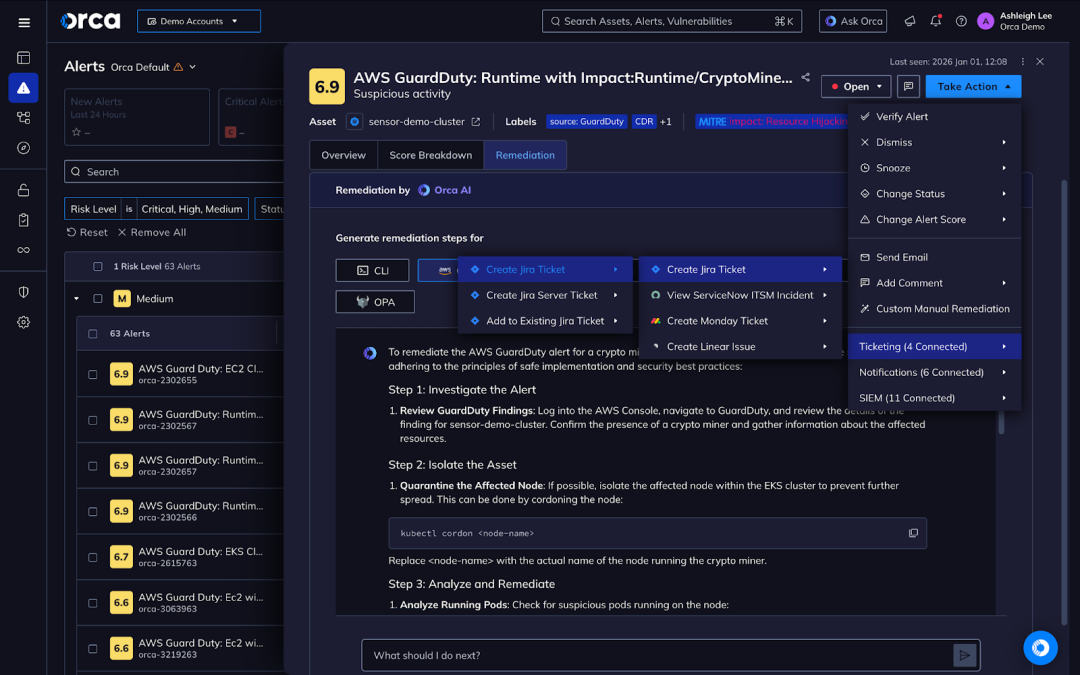 A screenshot of AI-driven remediation instructions in the Orca Cloud Security Platform with the drop-down option to create a Jira ticket