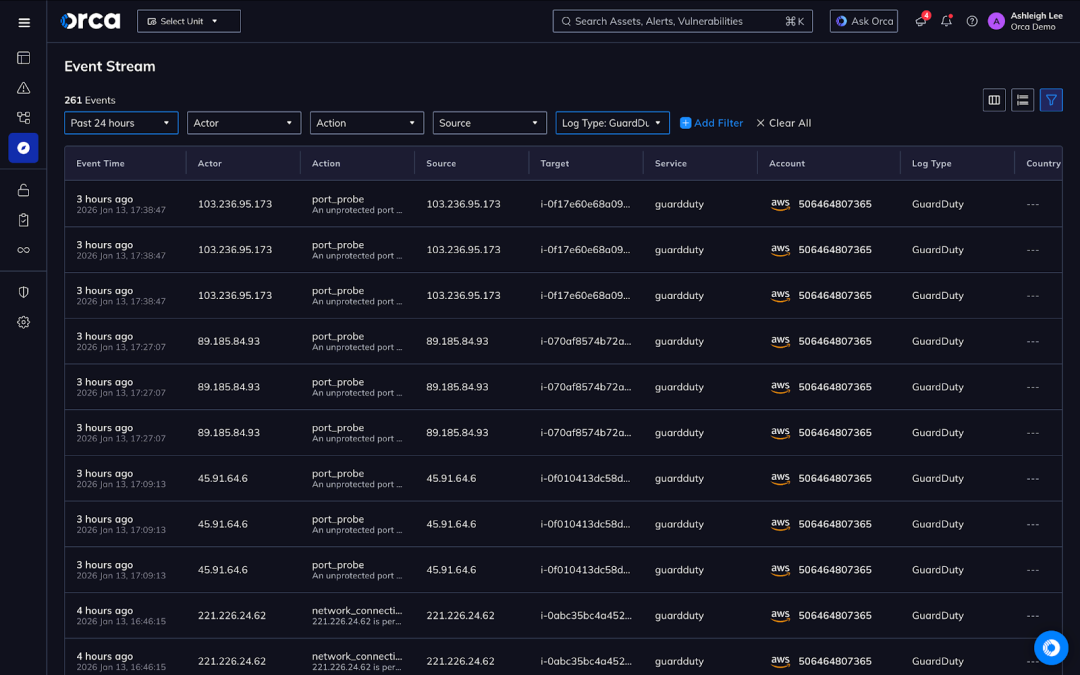 A screenshot of near real-time event stream from AWS GuardDuty in the Orca Platform