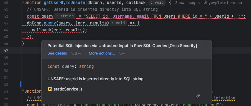 A screenshot of an example finding with explanation through Orca’s IntelliJ Extension