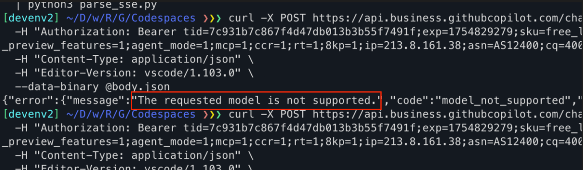 A screenshot of a command line prompt that includes the "The requested model is not supported." message