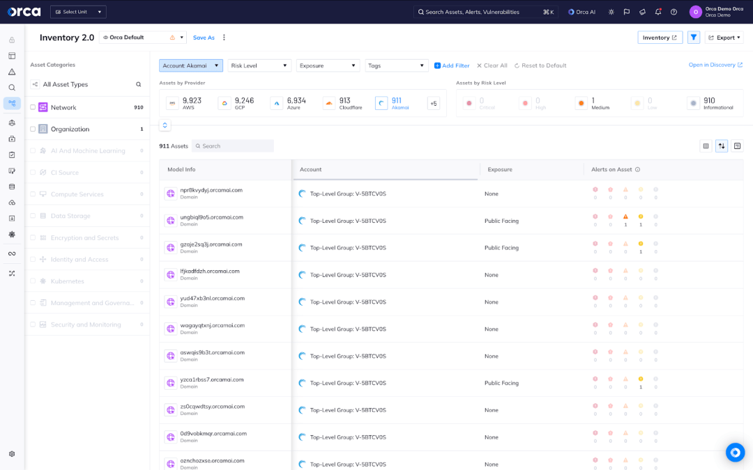 A screenshot of assets from Akamai and cloud service providers listed in unified view in the Orca Platform
