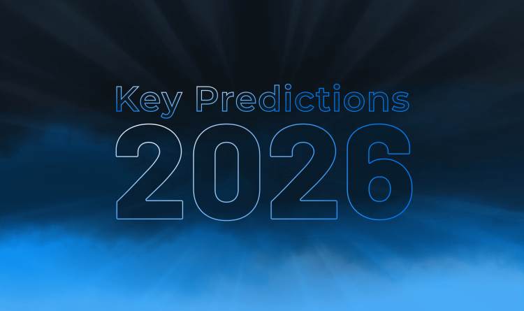A stylized graphic of clouds with the words 'Key Predictions' and '2026' superimposed on it