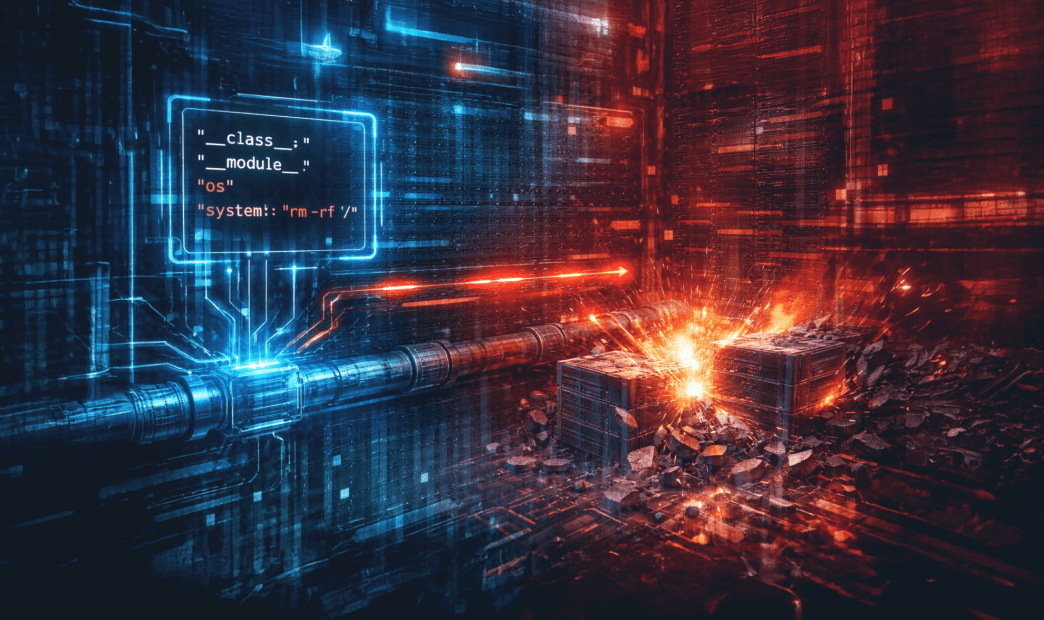 A stylized graphic of a pipeline being disrupted by code