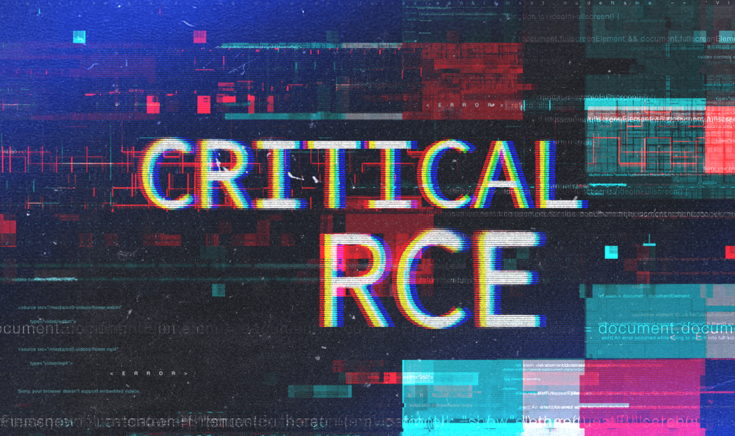 A stylized graphic of a glitched interface with the words "Critical RCE" on top