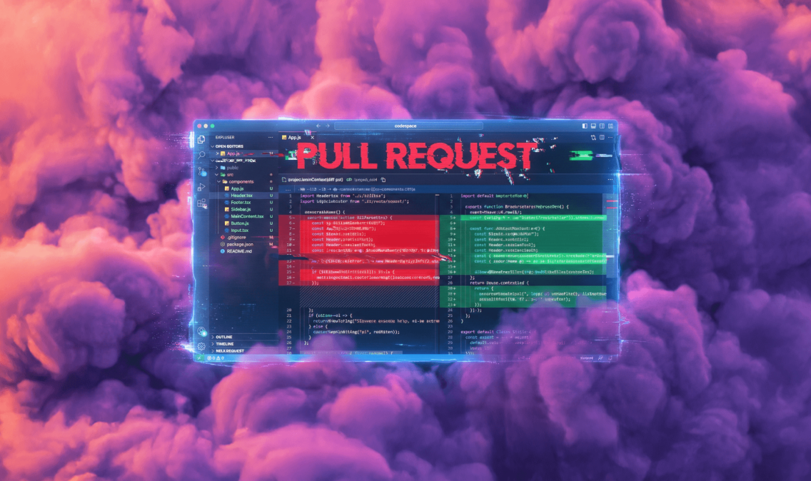 A stylized graphic of a distorted pull request from GitHub on top of ominous clouds