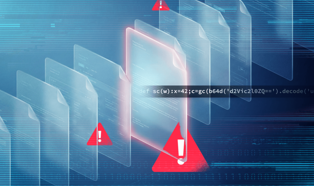 A stylized graphic of several layers of office document icons with one surrounded by red alert icons