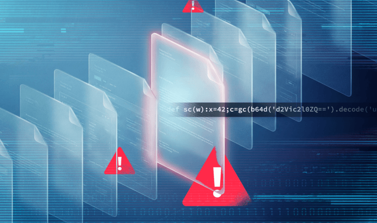 A stylized graphic of several layers of office document icons with one surrounded by red alert icons