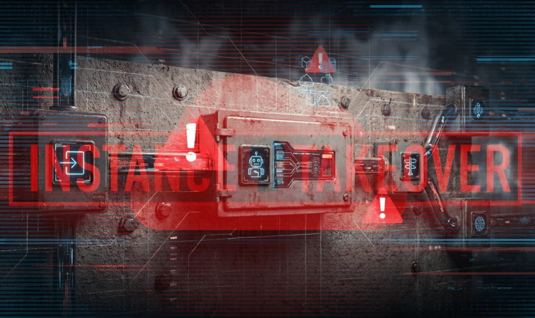 A stylized graphic of a robotic control system with alert icons and 'Instance Takeover' superimposed on top of it