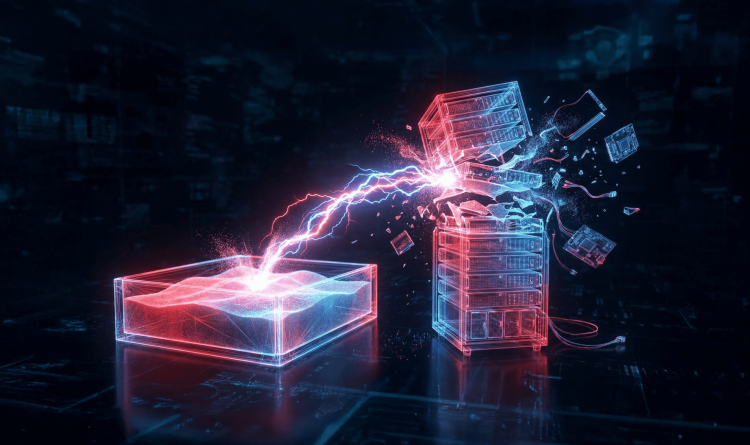 A stylized graphic of a digital sandbox destroying a server rack