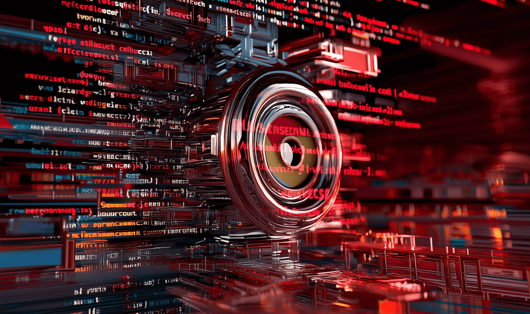 Stylized 3D visualization of an active cybersecurity exploit featuring glowing red computer code fragments and a central target aperture.