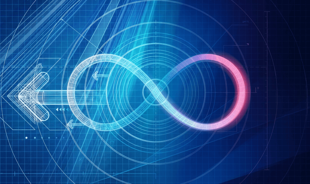 A glowing infinity symbol on a blue technical grid with a left-pointing arrow, symbolizing continuous cloud security and DevSecOps integration.