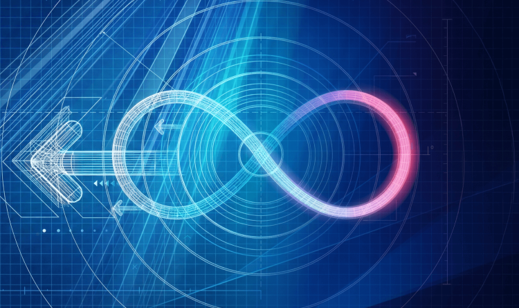 A glowing infinity symbol on a blue technical grid with a left-pointing arrow, symbolizing continuous cloud security and DevSecOps integration.