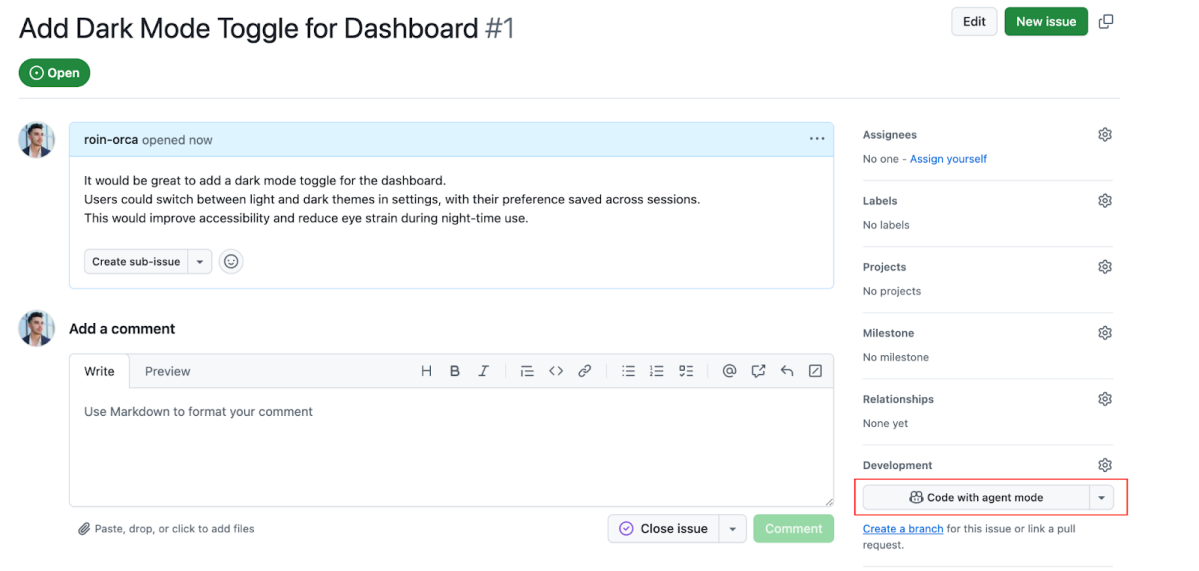 A screenshot of an open issue on GitHub with the "Code with agent mode" button highlighted