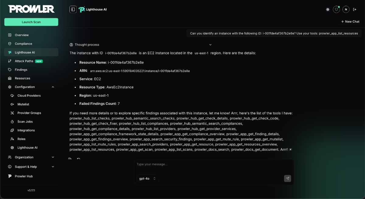 A screenshot of Lighthouse AI within Prowler