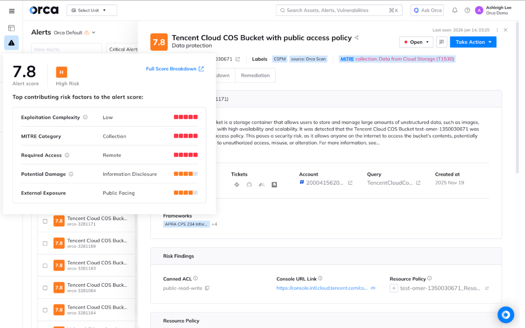 A screenshot of an example alert with risk scoring breakdown in the Orca Platform.