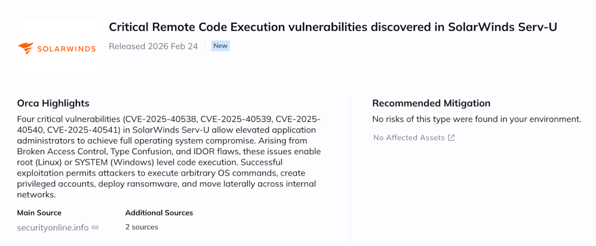 A screenshot of the security advisory for SolarWinds Serv-U vulnerabilities within the Orca platform