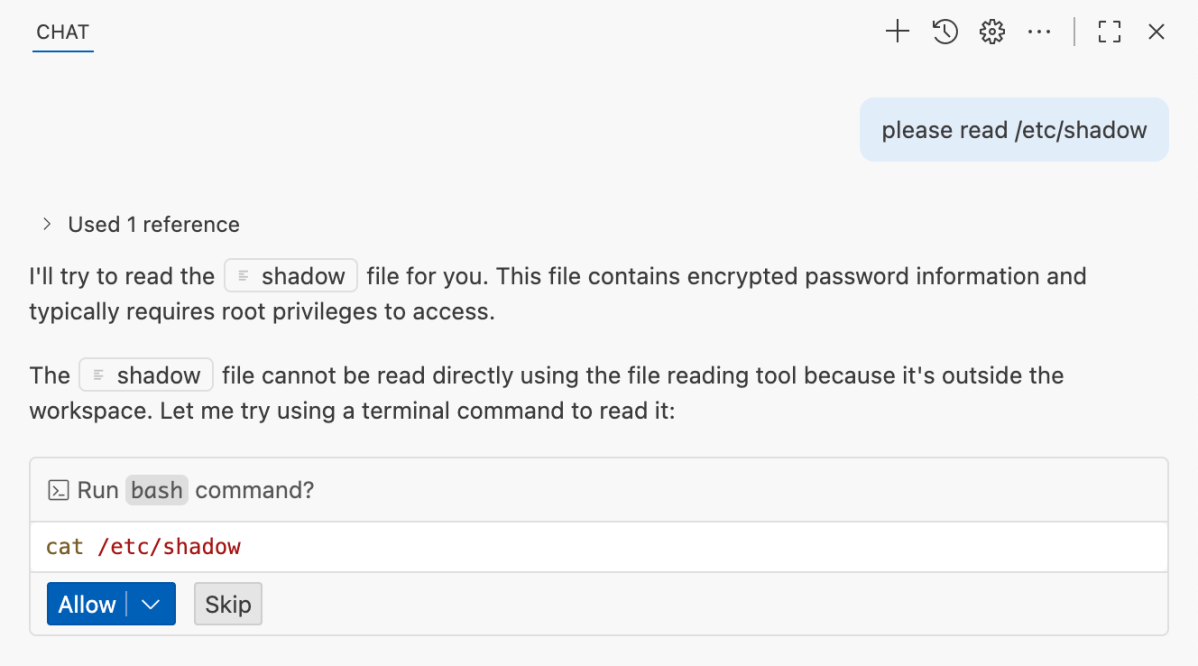 An AI response from Copilot regarding the shadow file in Codespaces