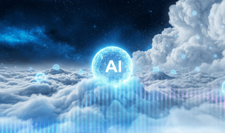 A stylized graphic of an AI bubble floating in the clouds