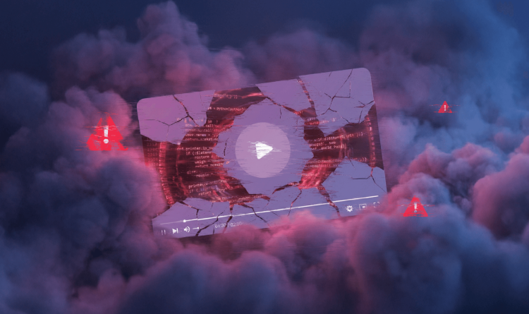 A stylized graphic of a broken video previous with alert icons over an ominous cloud