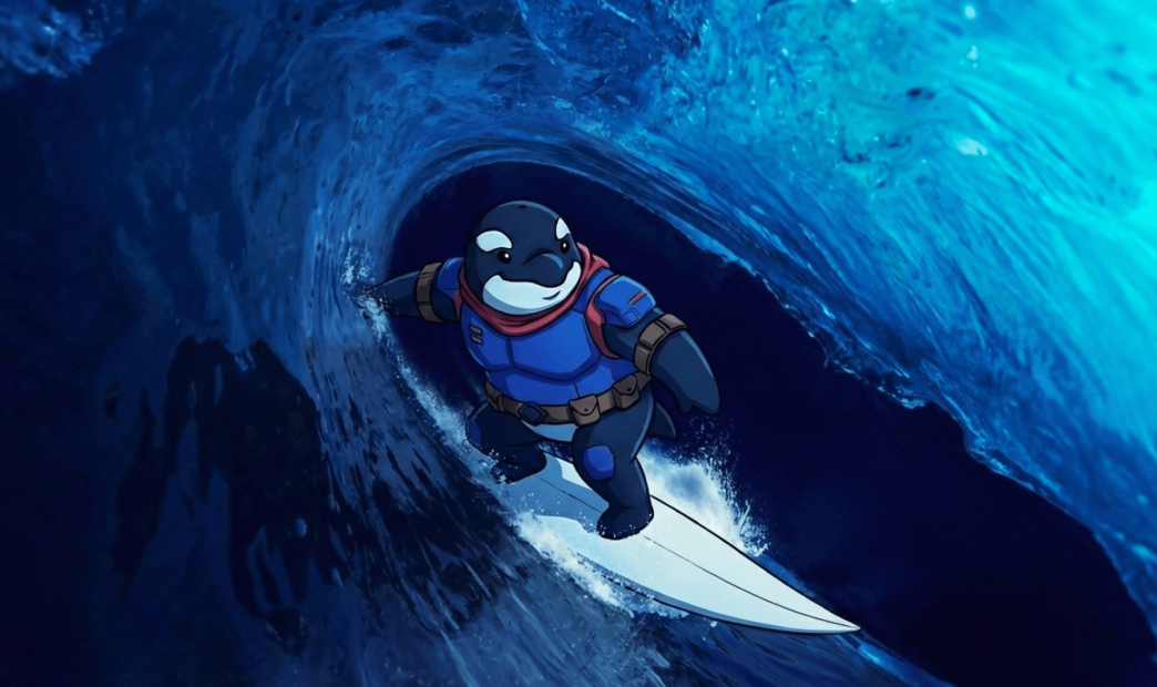 A stylized graphic of Orkie riding a surfboard on a large wave