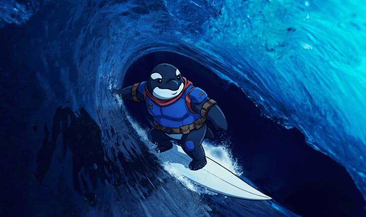 A stylized graphic of Orkie riding a surfboard on a large wave